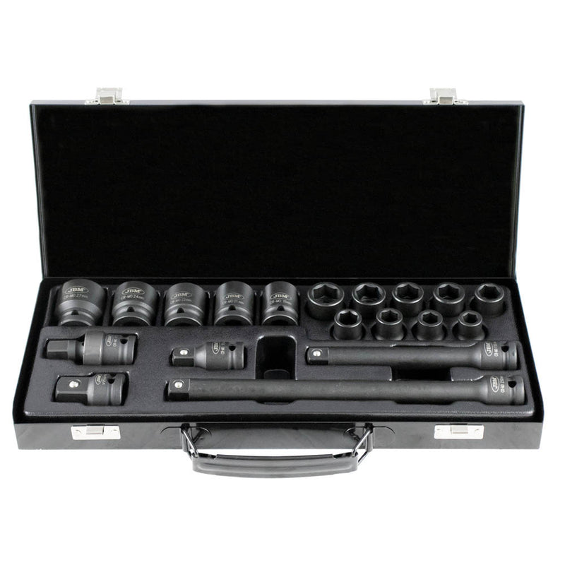 JBM (52345) Juego de 19 piezas de vasos de impacto de 1/2" con 14 vasos hexagonales + adaptadores