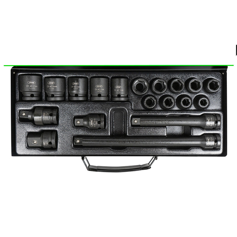 JBM (52345) Juego de 19 piezas de vasos de impacto de 1/2" con 14 vasos hexagonales + adaptadores