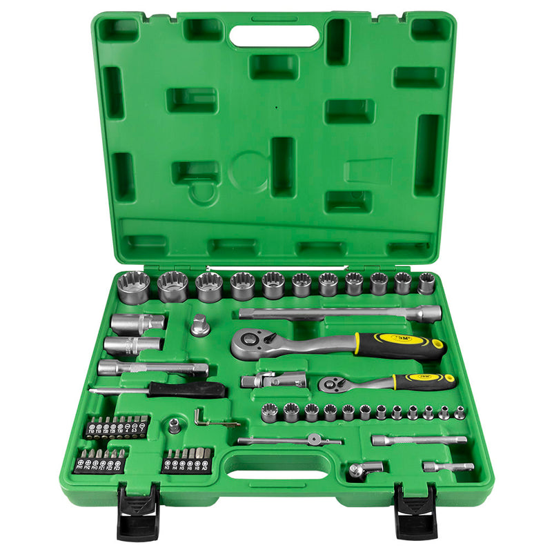 Estojo de ferramentas JBM (52722) com 60 peças e casquilhos estriados de 1/2" e 1/4" – Acabamento zincado