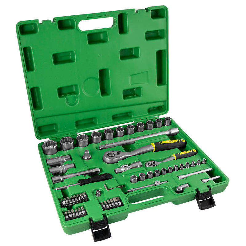 Estojo de ferramentas JBM (52722) com 60 peças e casquilhos estriados de 1/2" e 1/4" – Acabamento zincado