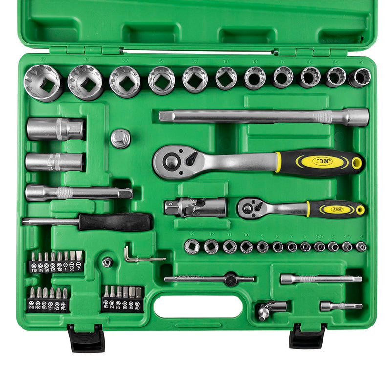 Estojo de ferramentas JBM (52722) com 60 peças e casquilhos estriados de 1/2" e 1/4" – Acabamento zincado
