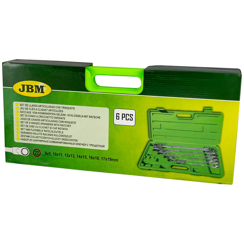 JBM (53018) Juego de 6 llaves combinadas de carraca con cabezal flexible en estuche