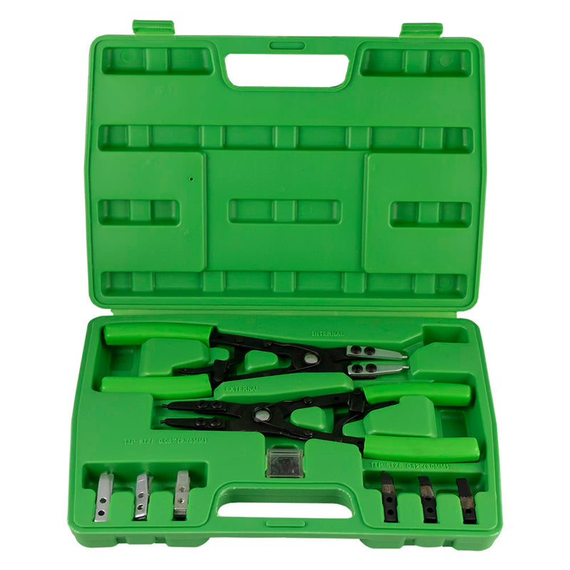 Conjunto de alicates para anéis de retenção JBM (53389) com 16 pontas de substituição em estojo.