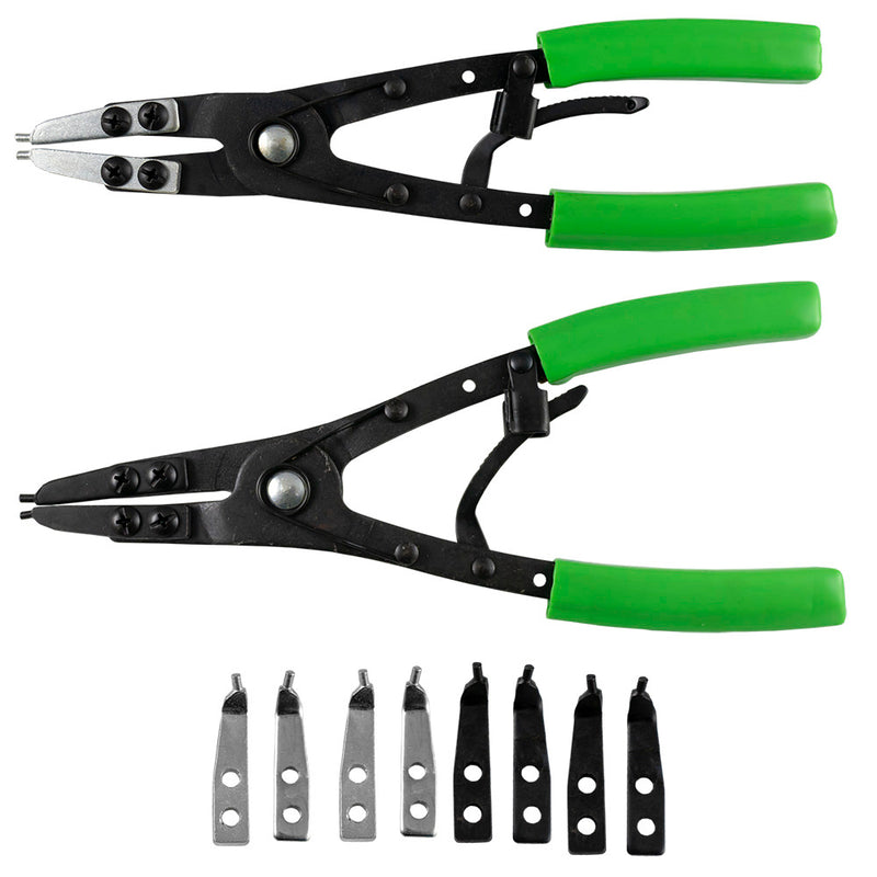 Conjunto de alicates para anéis de retenção JBM (53389) com 16 pontas de substituição em estojo.