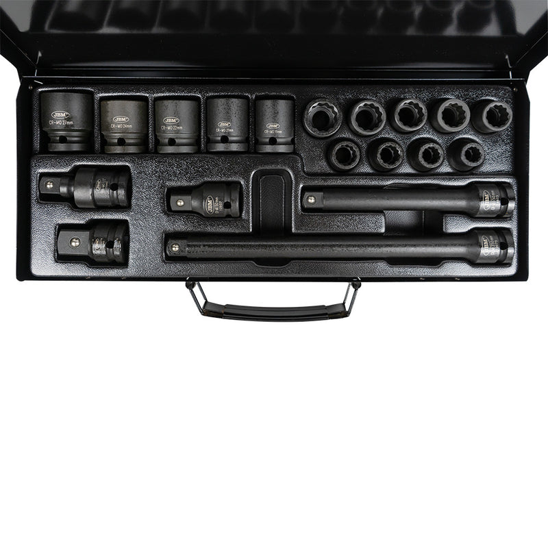 JBM (53531) Jogo de Tomadas de Impacto de 1/2" com 19 Peças, Incluindo 14 Tomadas de 12 Pontas + Adaptadores