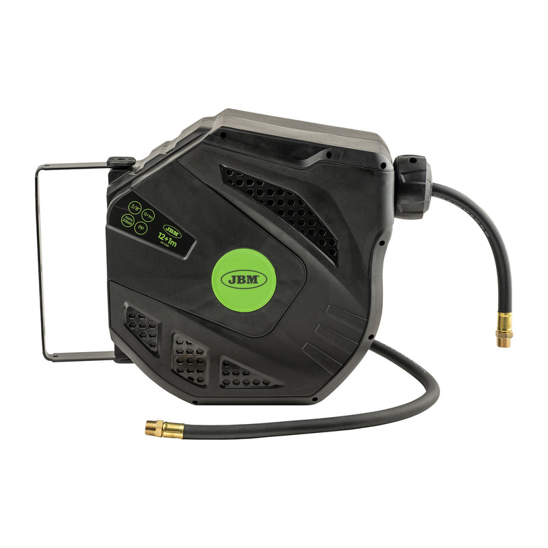 Carrete de manguera de aire JBM (53581) de 12+1 m con retráctil - Verde