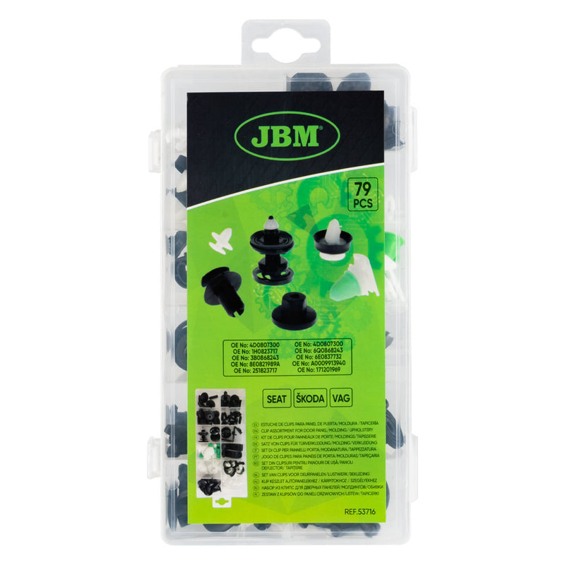 JBM (53716) Surtido de clips para paneles de puertas, molduras y tapicería para Vag/Seat/Skoda (79 piezas)
