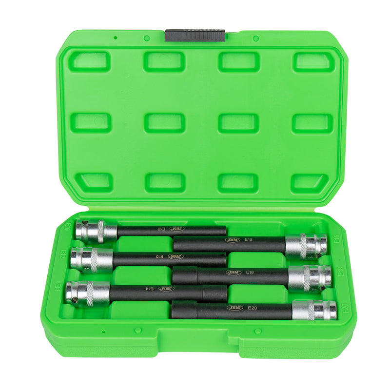 JBM (53915) Conjunto de 6 Soquetes Torx Tipo E Extra Longos de 1/2" – Acabamento Zincado