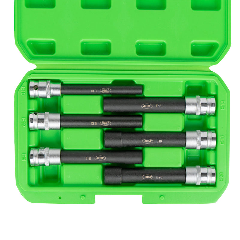 JBM (53915) Conjunto de 6 Soquetes Torx Tipo E Extra Longos de 1/2" – Acabamento Zincado
