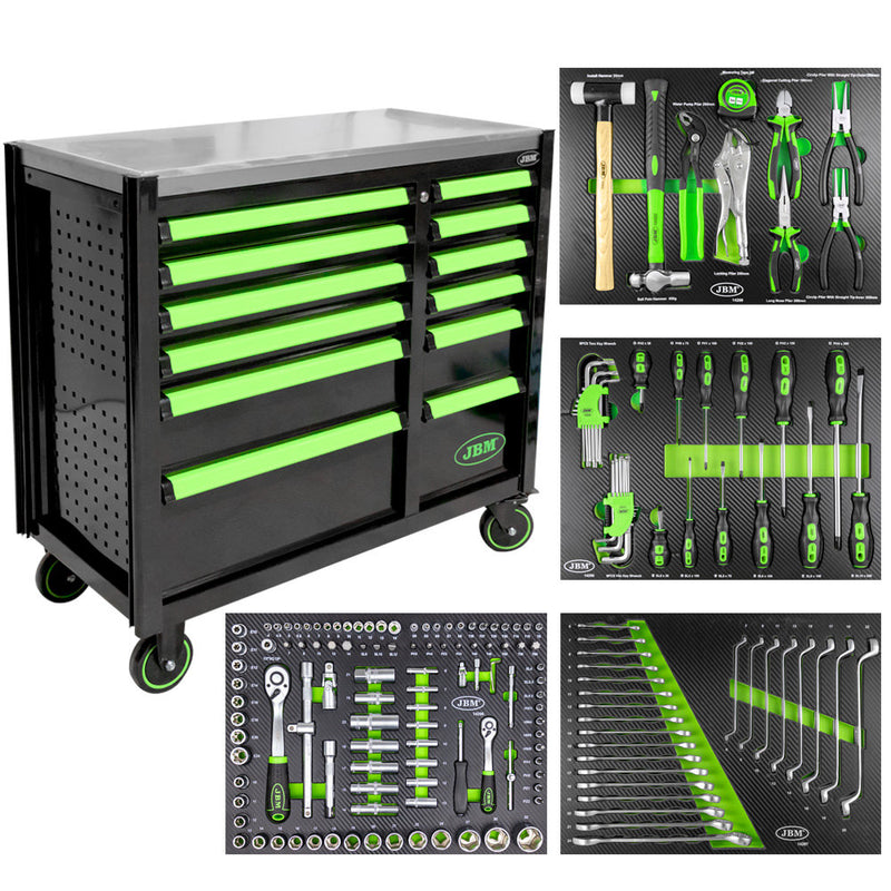 JBM (53939) 12 Drawer Tool Trolley - Green - Tools Included