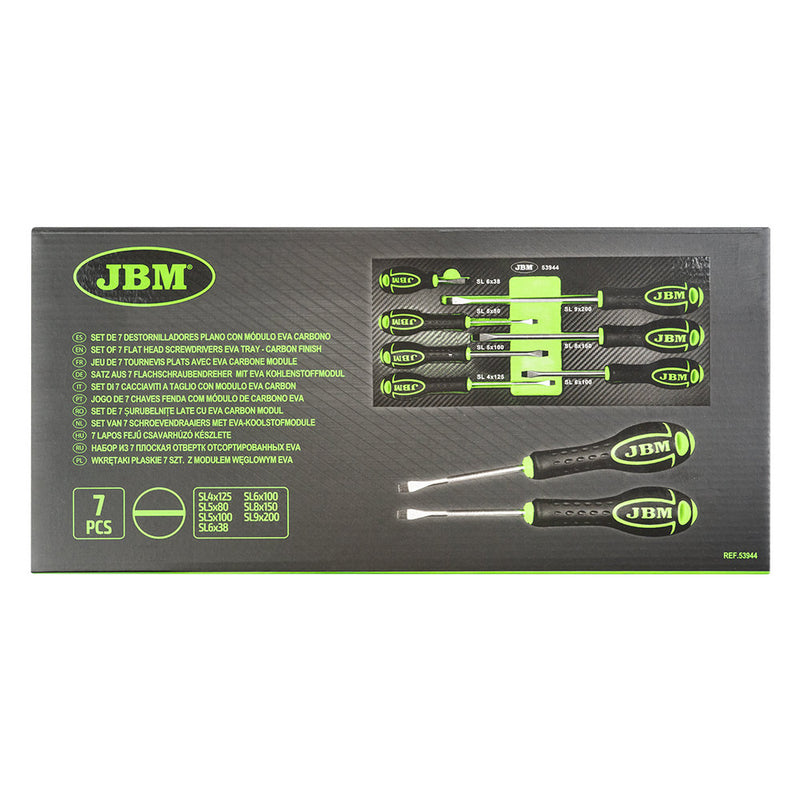 JBM (53944) Conjunto de 7 Chaves de Fendas de Cabeça Chata com Tabuleiro em EVA - Acabamento em Carbono