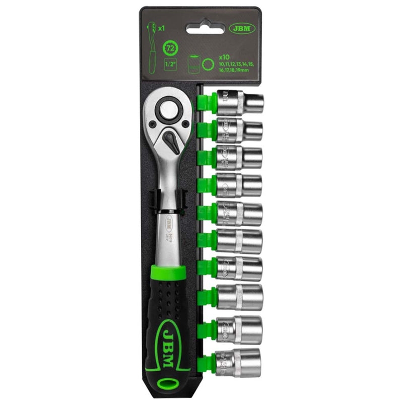 Roquete JBM (54029) de 1/2" com cabeça de 72 dentes, 255 mm e tomadas de 12 pontas