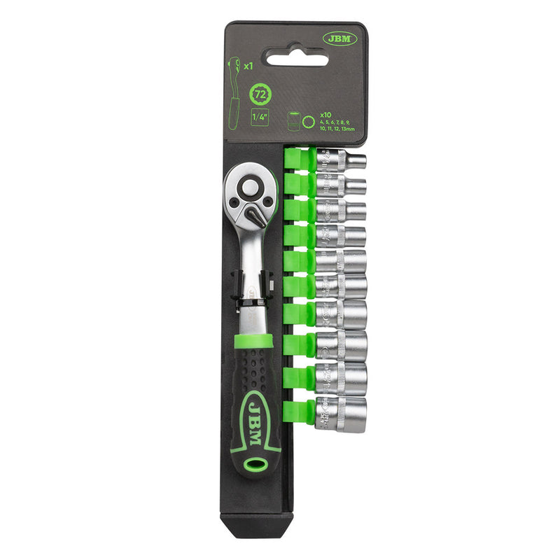 Llave de carraca JBM (54031) de 1/4" con cabezal de 72 dientes, 145 mm y vasos de 12 puntas