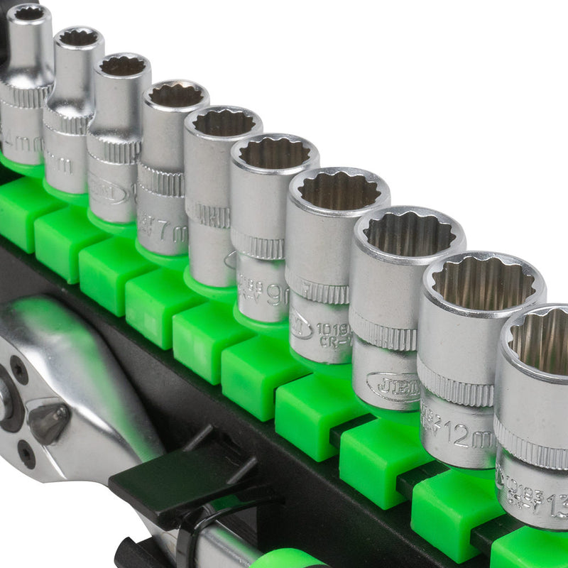 Llave de carraca JBM (54031) de 1/4" con cabezal de 72 dientes, 145 mm y vasos de 12 puntas