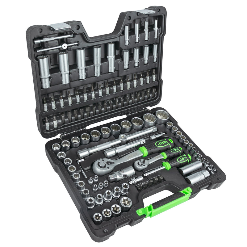 JBM (54036) 113-Piece Tool Case with 1/4" and 1/2" 12-Point Sockets – Zinc-Plated Finish