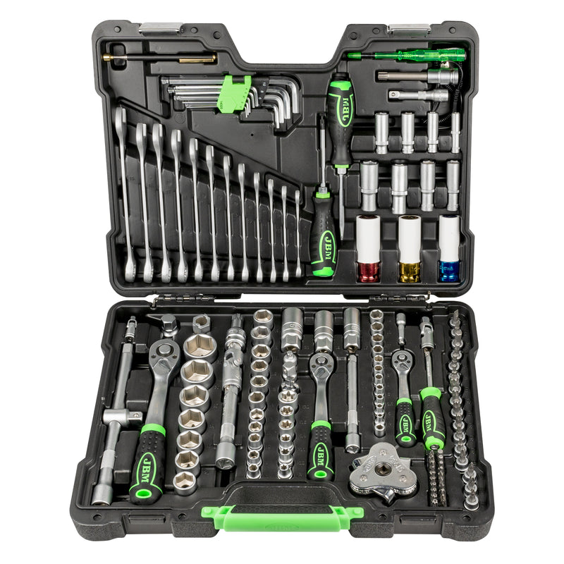 JBM (54082) Maletín de herramientas de 132 piezas con vasos hexagonales de 1/2", 1/4" y 3/8" – Acabado galvanizado