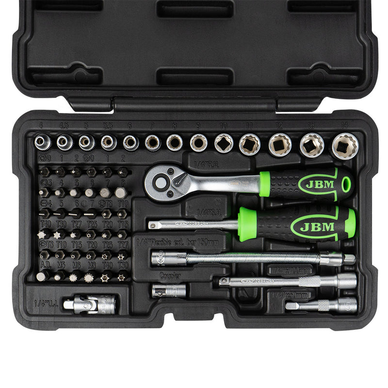 JBM (54140) 56-Piece Tool Case with 1/4" 12-Point Sockets – Zinc-Plated Finish