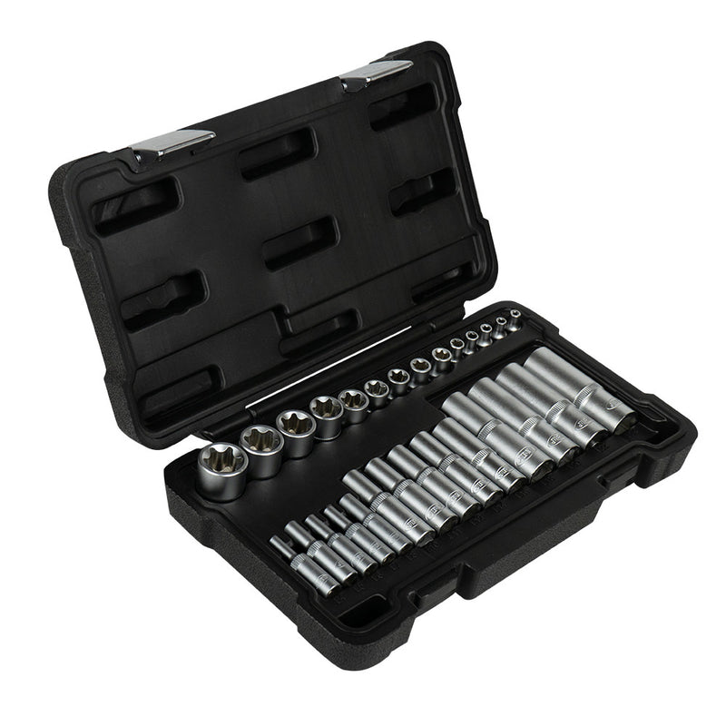 JBM (54141) Juego de 28 piezas de vasos Torx cortos y largos de 1/2", 1/4" y 3/8" – Acabado cincado