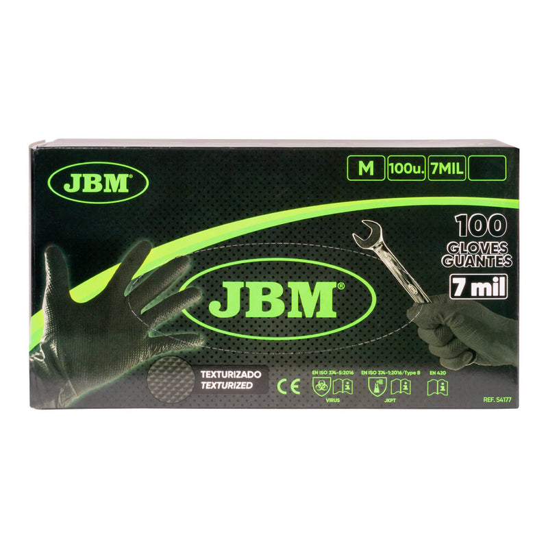 JBM (54177) Guantes de nitrilo desechables negros T.M 7.0mil (100 uds.) textura de diamante