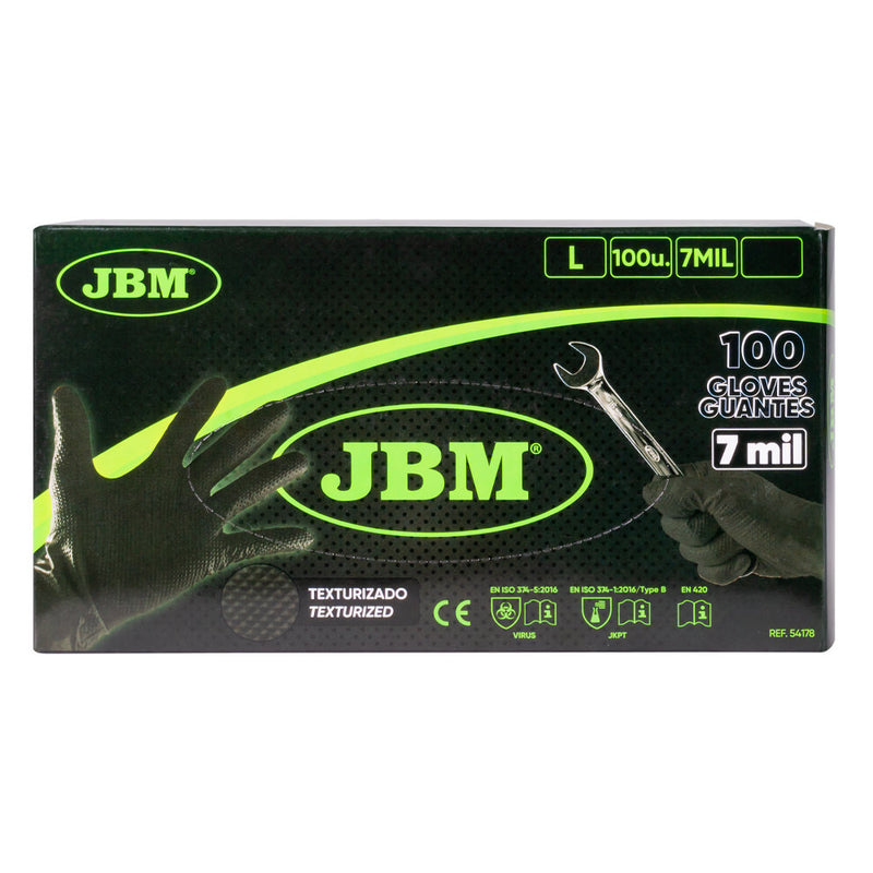 JBM (54178) Guantes de nitrilo negros desechables, calibre 7.0 mil (100 unidades), textura de diamante