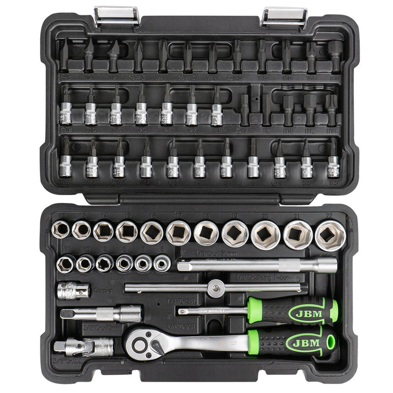 JBM (54277) Estojo de Ferramentas com 59 Peças e Casquilhos Sextavados de 3/8" - Acabamento em Zinco