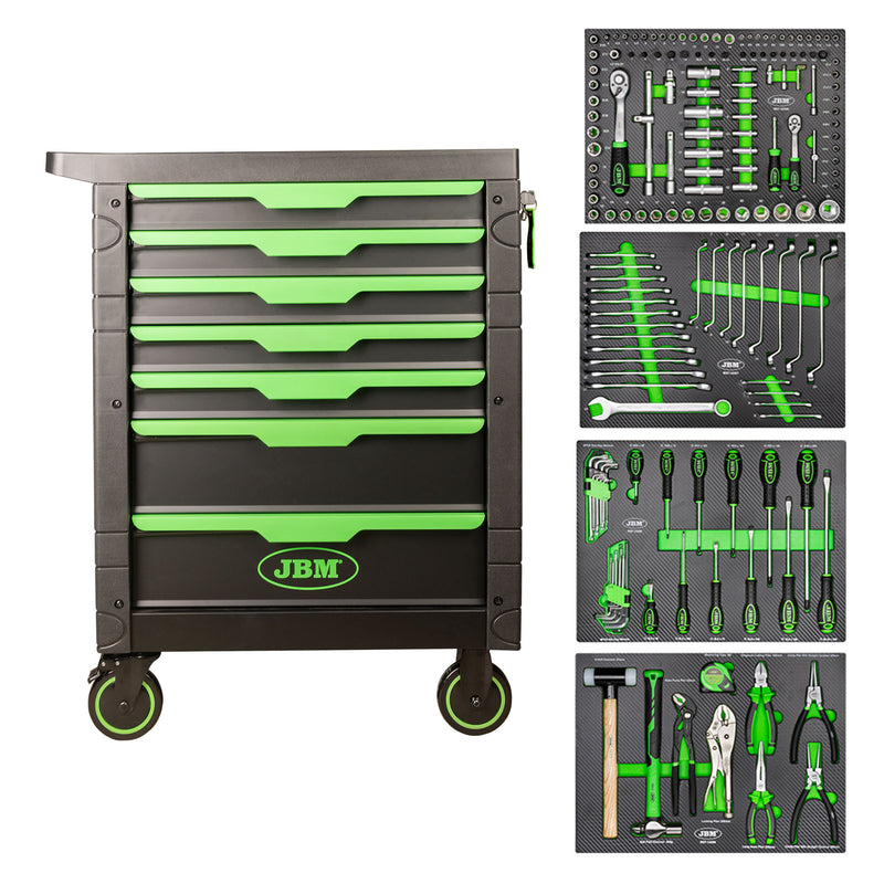 Carrinho de ferramentas JBM (SERIE497E) com 7 gavetas - Verde - Ferramentas incluídas + Chave de impacto sem escovas de 1/2" 1000nm