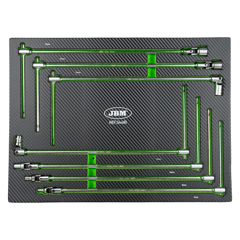 Carro de herramientas JBM (SERIE561) 53904 de 7 cajones - Verde - Herramientas incluidas + 54481 Módulo de 7 llaves de vaso con mango en T