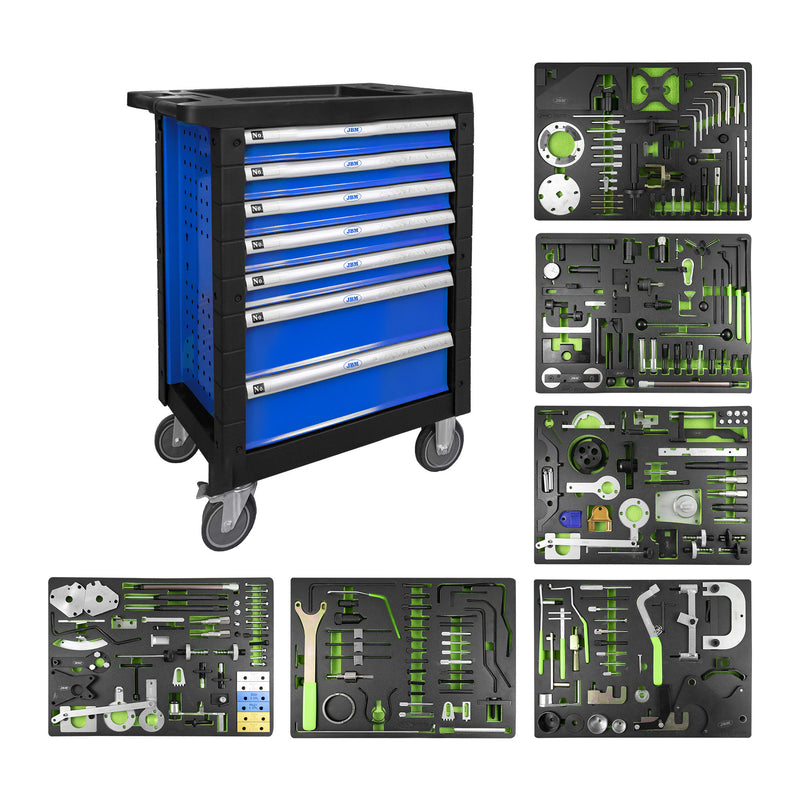 Carrinho de ferramentas JBM (54501) com 7 gavetas - Azul - Inclui conjunto de ferramentas de sincronização