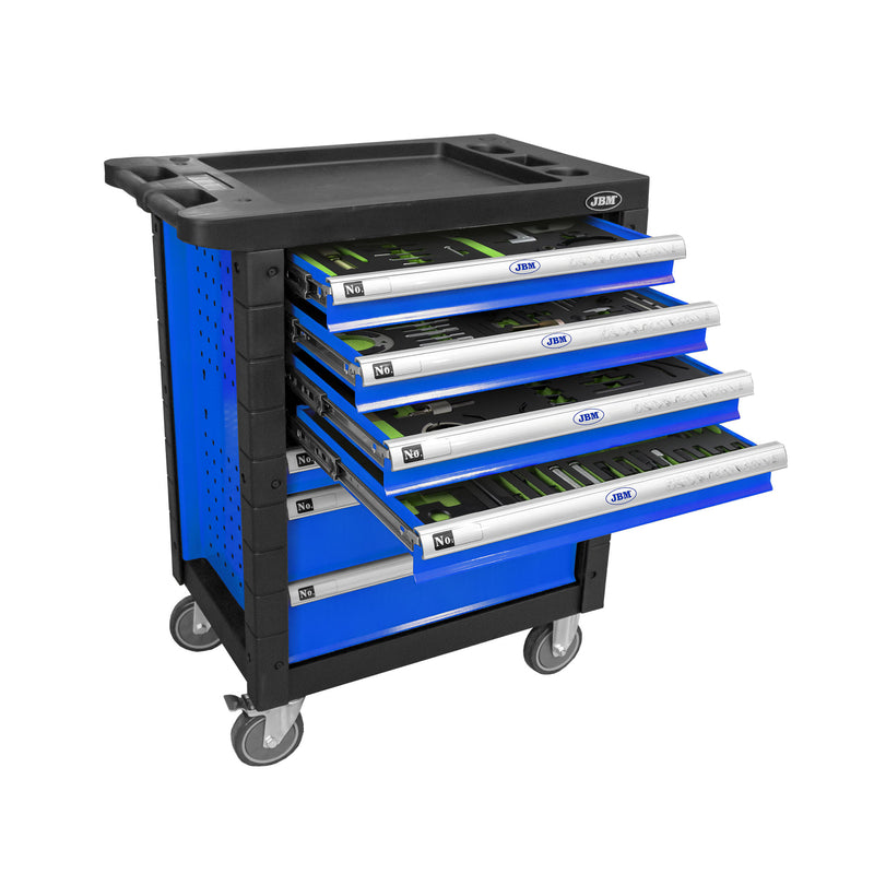 Carrinho de ferramentas JBM (54501) com 7 gavetas - Azul - Inclui conjunto de ferramentas de sincronização