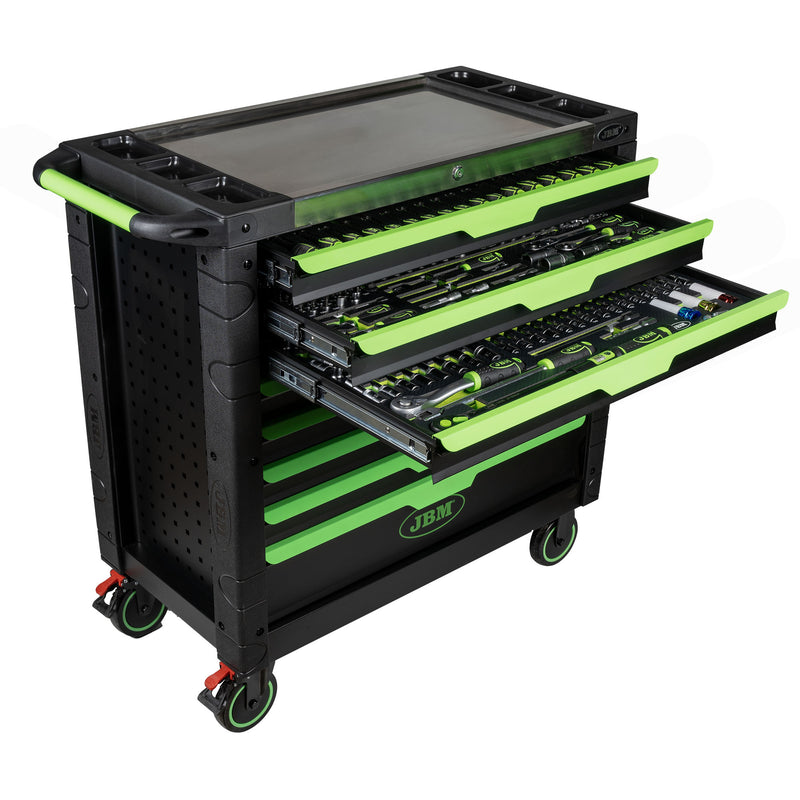 Carro de ferramentas JBM (54688) XL com 8 gavetas, montado com 468 peças.