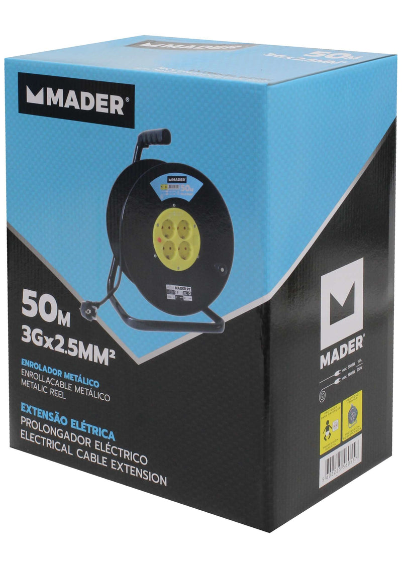 Extensión Eléctrica, Carrete Metálico, 50m, 3G x 2,5mm² - MADER®