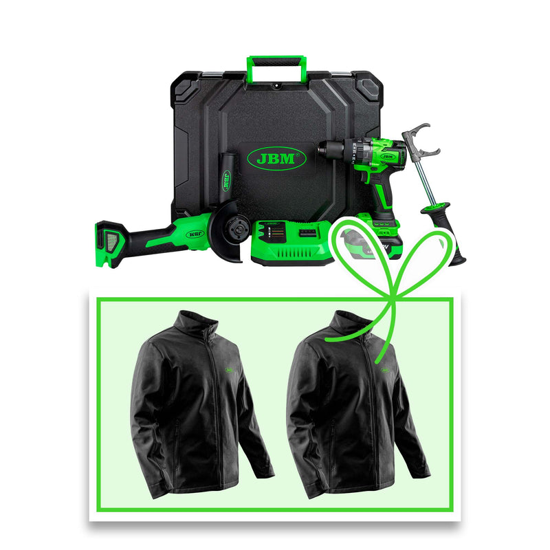 Kit de amoladora angular inalámbrica y taladro percutor JBM (60053C-J2XL) con maletín + chaqueta 2XL