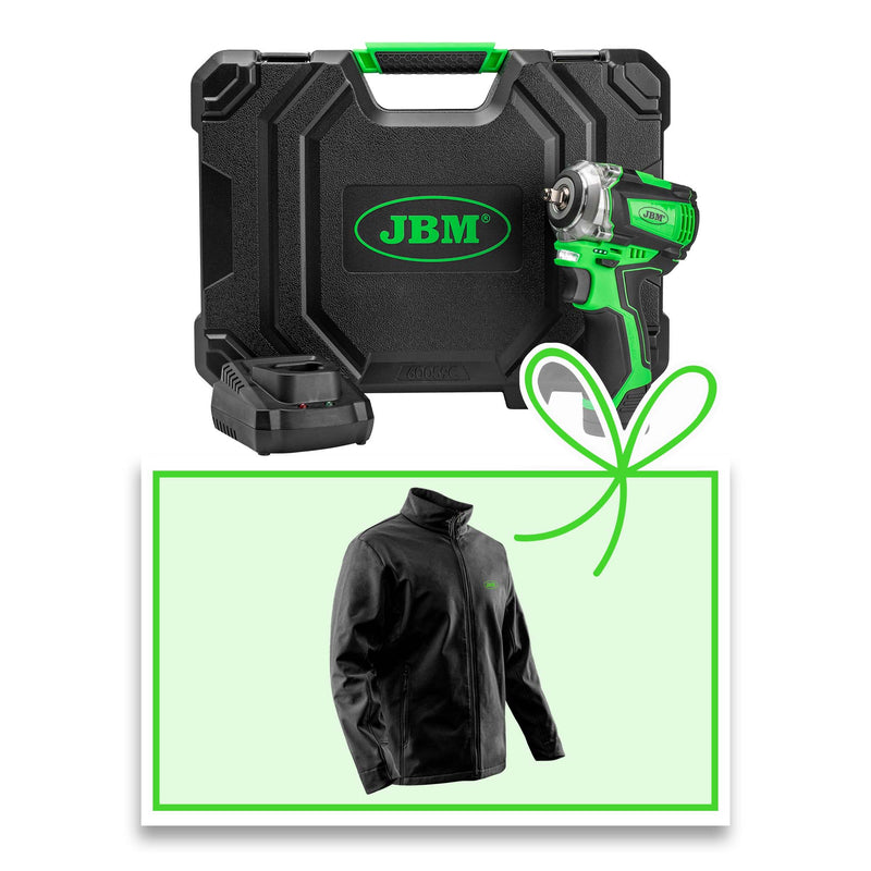 Llave de impacto inalámbrica sin escobillas JBM (60059C-JXL) de 3/8" y 250 Nm con maletín + chaqueta XL