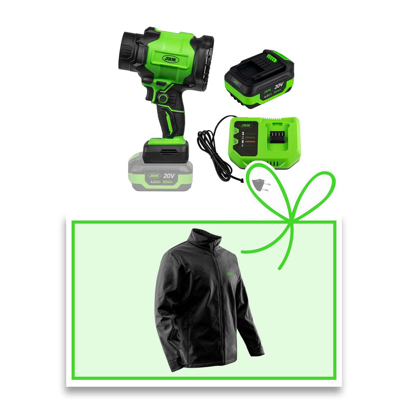 JBM (60071-JXS) Soplador de aire 60071 + Batería 4.0Ah 60013 + Cargador 20V 60016 + Chaqueta Xs