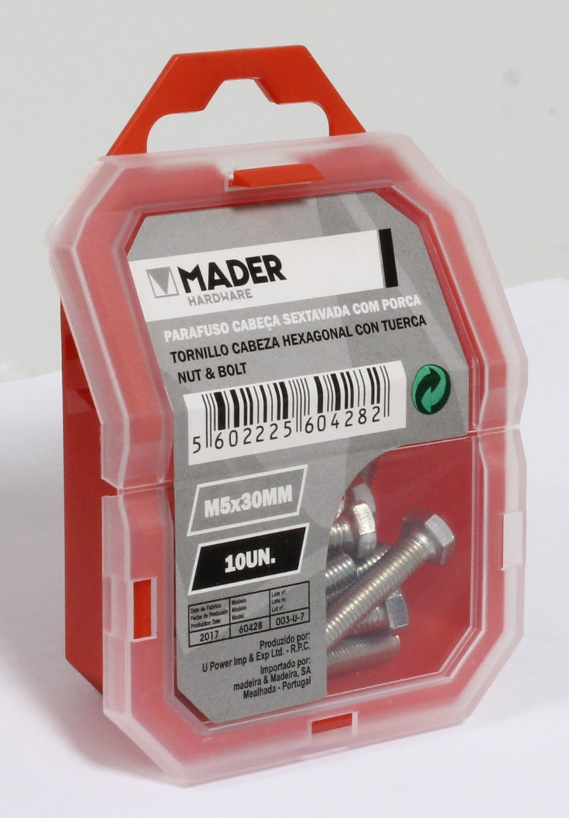 Parafuso Cabeça Sextavada com Porca - M5x30mm 10Un