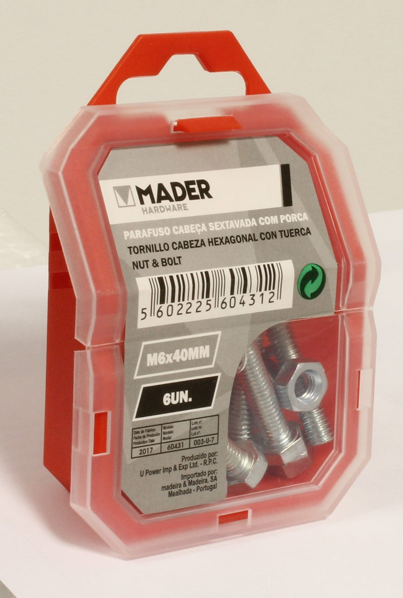 Parafuso Cabeça Sextavada com Porca - M6x40mm 6Un