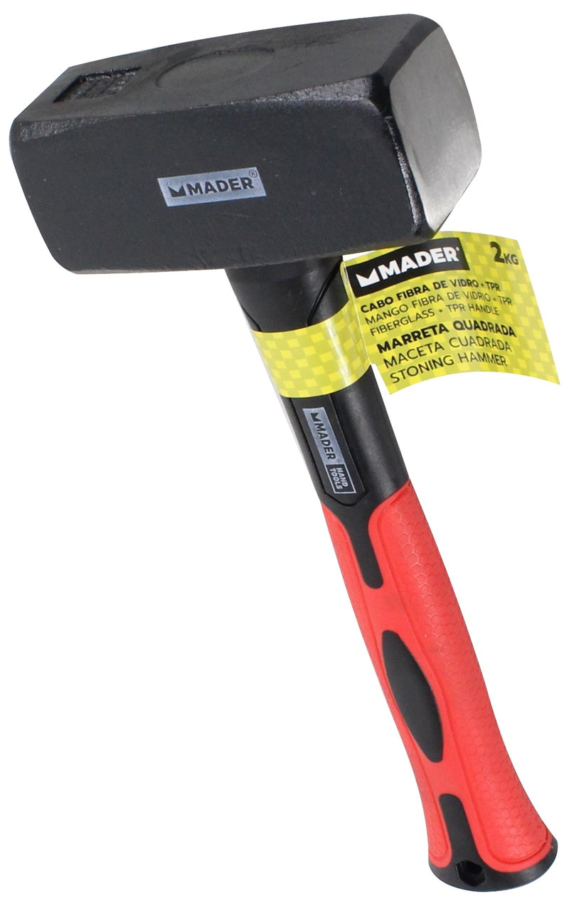 Martillo de apedrear cuadrado con mango de fibra de vidrio, 2 kg - MADER®