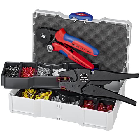 Conjunto de terminais de cravação Knipex (97 90 10) para fios: 1 x 12 40 200, 1 x 97 53 04, 8 conjuntos de terminais de fios.