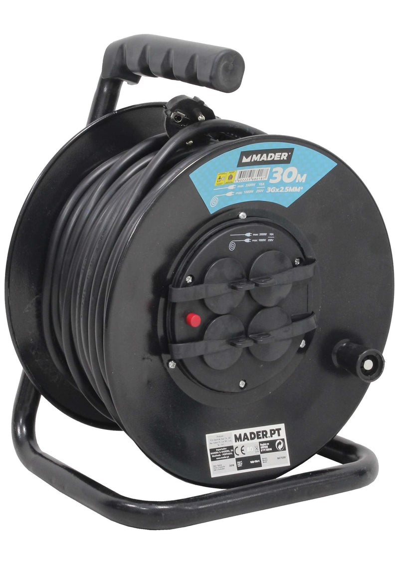 Extensión Eléctrica, con Carrete Metálico, 30m, con Tapa, 3G x 2.5mm² - MADER®