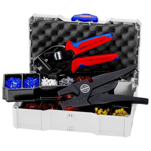 Conjunto de terminais de cravação Knipex (97 90 16) para fios: 1 x 12 40 200, 1 x 97 53 09, 8 conjuntos de terminais de fios.