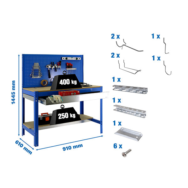 Bancada Simonwork BT2 Box 900 Azul/Madeira + Embalagem de 9 acessórios - (1445x910x610)