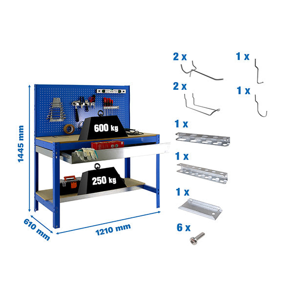 Bancada Simonwork BT2 Box 1200 Azul/Madeira + Embalagem de 9 acessórios - (1445x1210x610)