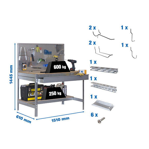 Pacote de bancada Simonwork BT2 Box 1500 Galv/Madeira + 9 acessórios - (1445x1510x610)