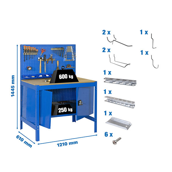 Pacote de bancada Simonwork BT2 Gabinete 1200 Azul/Madeira + 9 acessórios - (1445x1210x610)