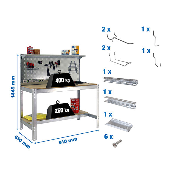 Workbench Simonwork BT3 900 Galv/Wood + 9accs Pack - (1445x910x610)