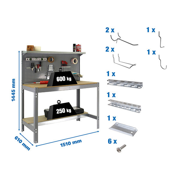 Workbench Simonwork BT3 1500 Grey/Wood + 9accs Pack - (1445x1510x610)