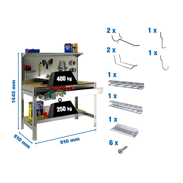 Workbench Simonwork BT3 Box 900 Galv/Wood + 9accs Pack - (1445x910x610)