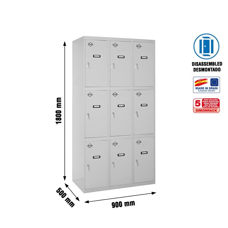 Locker Simonlocker Unassembled 3 Doors 3/9 300 (900) Gris - (1800x900x500)