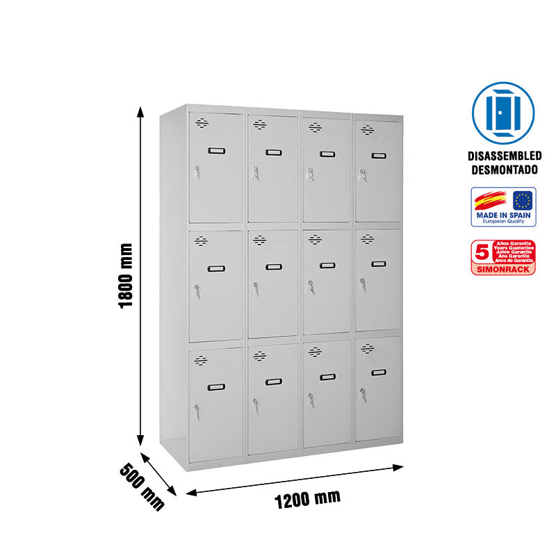 Armário Simonlocker Desmontado 3 Portas 4/12 300 (1200) Gri - (1800x1200x500)