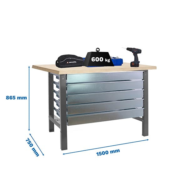 Workbench Simonwork BT6L MDF 5box 1500x750 Grey/Wood - (865x1500x750)